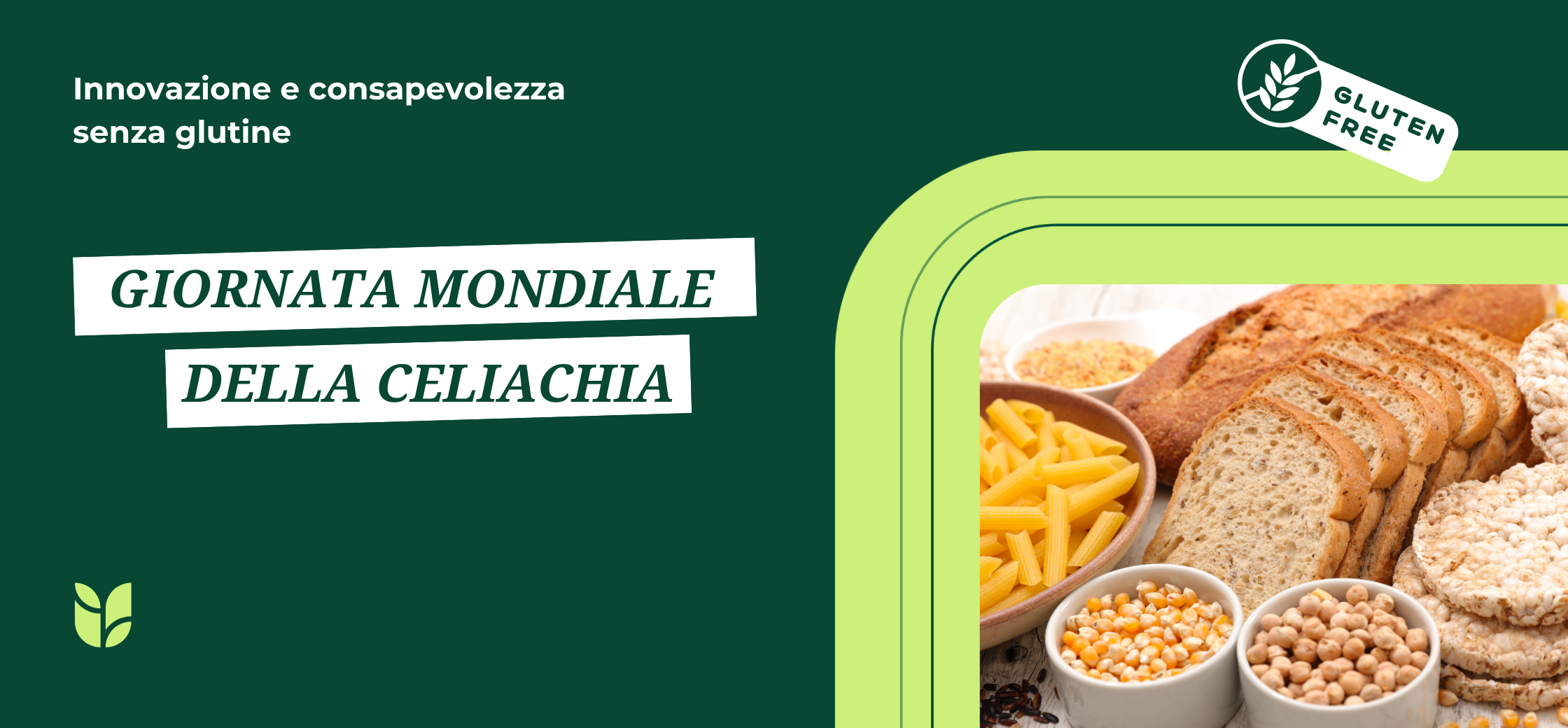 Giornata Mondiale della Celiachia: sfondo gialle e immagine di prodotti con glutine e senza glutine.